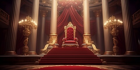 Red carpet leading to a king thrones inside of the palace castle. Finest generative AI.