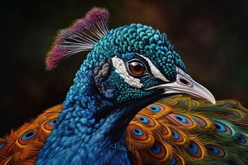 Portrait of beautiful peacock. The Indian peafowl (Pavo cristatus), known as the common peafowl, and blue peafowl. Close-up. Green, artistick background. Generative AI - obrazy, fototapety, plakaty