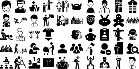 Huge Collection Of Man Icons Collection Hand-Drawn Linear Design Web Icon Silhouette, Carrying, Profile, Workwear Silhouettes Isolated On White Background