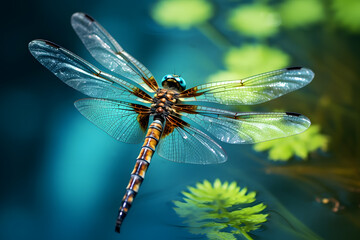 dragonfly hovering above a tranquil pond