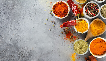 Assortment of natural spices paprika, pepper, turmeric, coriander scattered on a gray background, concrete or metal background. Top view with copy space
