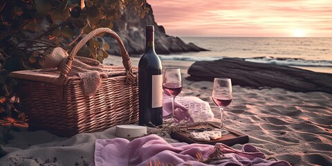 romantic picnic at sea beach with a glass of wine, Generative Ai
