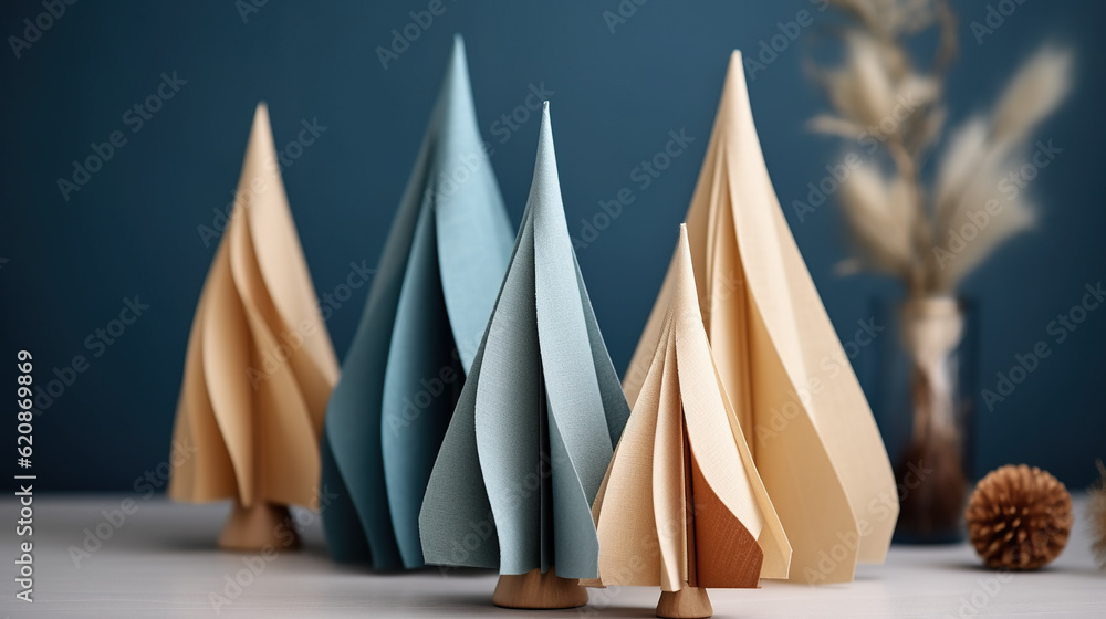 Poster a group of paper trees sitting on top of a table. generative ai. simple christmas trees.