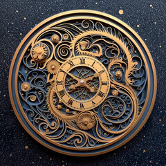Fototapeta na wymiar A gold clock with intricate designs on a blue surface. Generative AI.