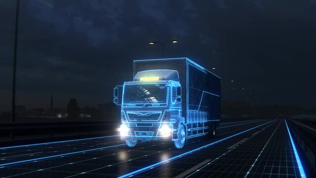 Technology Concept 4k render. Autonomic futuristic Euro semi truck with Cargo Trailer Drives at Night on Road with Sensors Scanning Surrounding. Special Effects of Self Driving Digitalizing Freeway