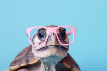Close-up portrait of a turtle in pink toy glasses isolated on a blue pastel background, copy space for text. Banner template. Generative AI professional photo imitation.