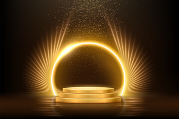 Gold tripple podium for product presentation vector illustration. Abstract empty golden award platform with neon glowing round frame and rays or wings, glitter confetti sparkle rain falling background