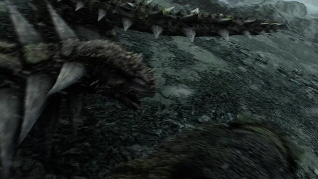 Armored dinosaurs fight with spikey tale realistic animation