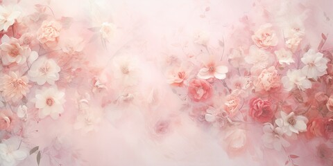 A painting of pink and white flowers on a pink background. Generative AI. Floral backdrop.