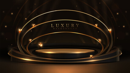 Gold podium with circle frame and golden ball decoration and spotlight effects with bokeh elements around on dark scene. Luxury black background for promote product or award ceremony.