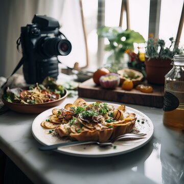 Food photography set up for publishing on social media. An example of how food is prepared and photos are taken for the social media. Generative AI