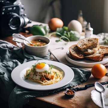 Food photography set up for publishing on social media. An example of how food is prepared and photos are taken for the social media. Generative AI
