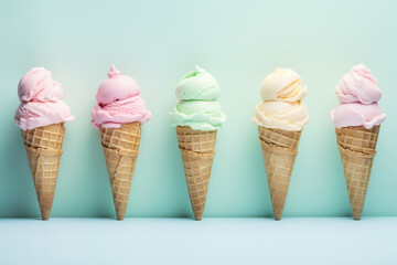 Fototapeta na wymiar Ice cream cone shape in colorfull pastel color on light blue background,copy space..Generated by AI.