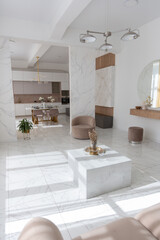 light luxury interior design of a modern apartment in a minimalist style with marble trim and huge windows. daylight inside the kitchen and living room