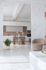 light luxury interior design of a modern apartment in a minimalist style with marble trim and huge windows. daylight inside the kitchen and living room