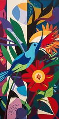 Abstract illustration with flowers, leaves and bird. Generative AI