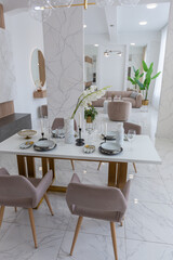 stylish kitchen and a set dining table in a light luxury interior design of a modern apartment in a minimalist style with marble trim and huge windows. daylight inside.