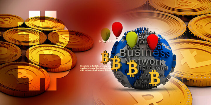 3d rendering bitcoin sign connected balloon
