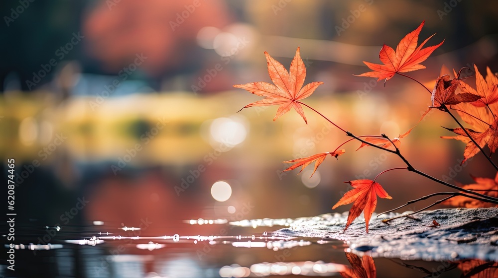 Canvas Prints close up maple branch at riverside with sunlight and bokeh, peaceful autumn and fall season foliage 