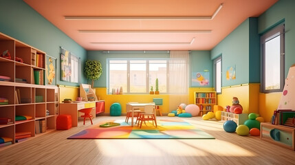 Empty kindergarten classroom interior with many kid toys. Generative Ai