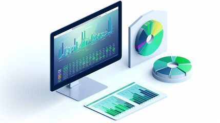 Business presentation data report illustration in isometric view isolated on white background