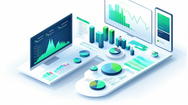 Business presentation data report illustration in isometric view isolated on white background