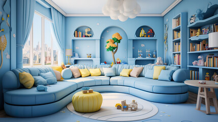 The interior of cozy blue room for classes and games in kindergarten. Generative Ai
