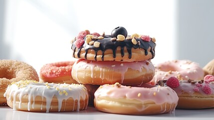 A stack of donuts with a soft pastel-colored topping, bright background. Modern kitchen interiour in the background. Delicious donuts with colorful colored glaze. Generative AI