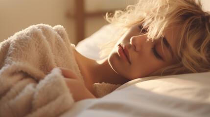 Obraz na płótnie Canvas Portrait of a young blond woman with short hair sleeping in a bed with morning light