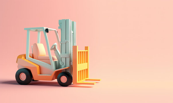 Toy cartoon forklift isolated on pastel light flat background with copy space. Pink, green, orange palette colors. Generative AI 3d render illustration imitation.