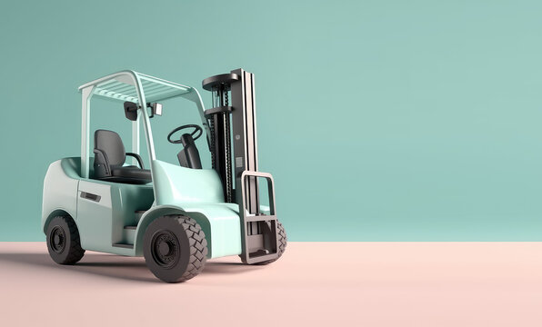 Toy cartoon forklift isolated on pastel light flat background with copy space. Black, blue, mint palette colors. Generative AI 3d render illustration imitation.