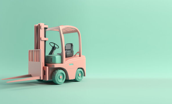 Toy cartoon forklift isolated on pastel light flat background with copy space. Pink, blue, green palette colors. Generative AI 3d render illustration imitation.