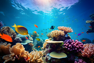 vibrant coral reef ecosystem with a variety of marine fish