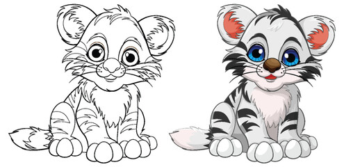 Cute Baby Tiger Cartoon Character Outline for Colouring