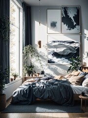 Scandinavian interior design of modern bedroom with big art poster frame. Beautiful morning. Created with generative AI