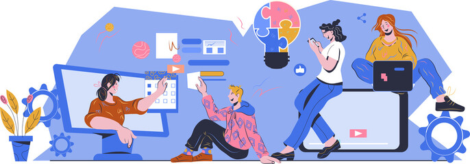 Agile business project management system concept. Team of developers put notes on the planning board and work in collaboration. Agile and Scrum, team tasks and planning workflow.