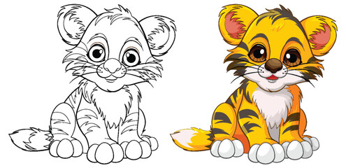 Cute Baby Tiger Cartoon Character Outline for Colouring