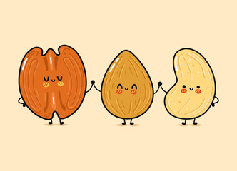 Cute, funny happy almonds, pecan and cashews nut. Vector hand drawn cartoon kawaii characters, illustration icon. Funny happy cartoon almond, pecan cashew nut mascot friends concept