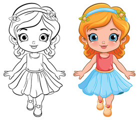 Cute Girl in Beautiful Dress Outline for Colouring