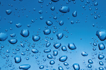 Panoramic banner of water drops on blue metal