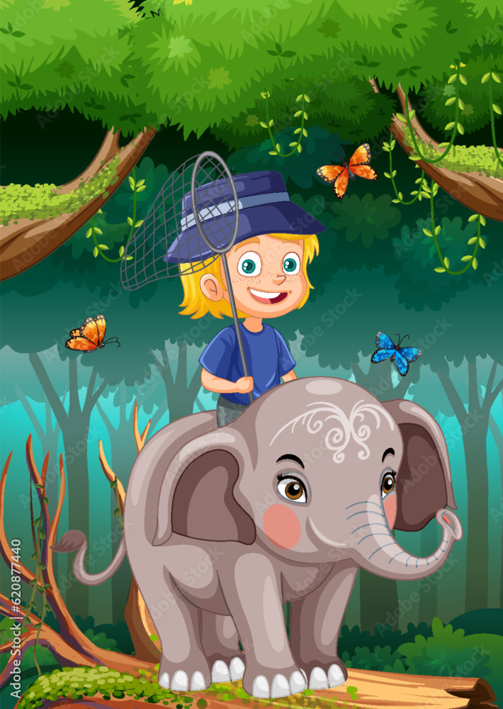 Wall mural Happy Girl Riding Elephant in the Jungle