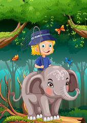 Happy Girl Riding Elephant in the Jungle