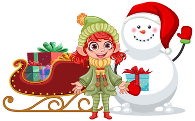 Happy girl with snowman