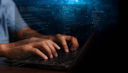 Digital technology, software development concept. Coding programmer, software engineer working on...