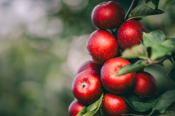 Red apples on tree ready to be harvested. Ripe red apple fruits in apple orchard. Selective focus