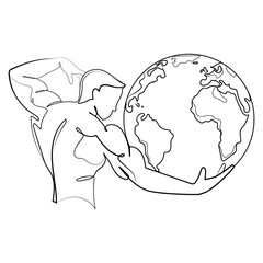 Athletic man bodybuilder in a beautiful pose holds the planet on his hands Earth Line art modern drawing.Fitness gym logo,icon,emblem,print,poster design.Athletic man torso vector linear illustration