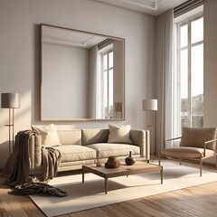 Elegant living room with huge mirror. Modern living room in pastel colors. Great for interior design ideas, concepts. Generative AI