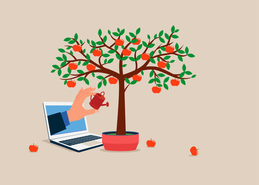 Investor  through the laptop watering apples tree.  Idea, Financial and investment growth. Flat vector illustration