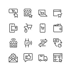 E-commerce, linear style icons set. Buying at an online store, payment. E-shopping and electronic money transfer. E-shop. Safety and quality. Editable stroke width