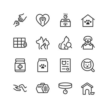 Animal Shelter, linear style icons set. Find a pet or shelter a homeless animal. Saving and caring for animals. Pet sitting. Editable stroke width